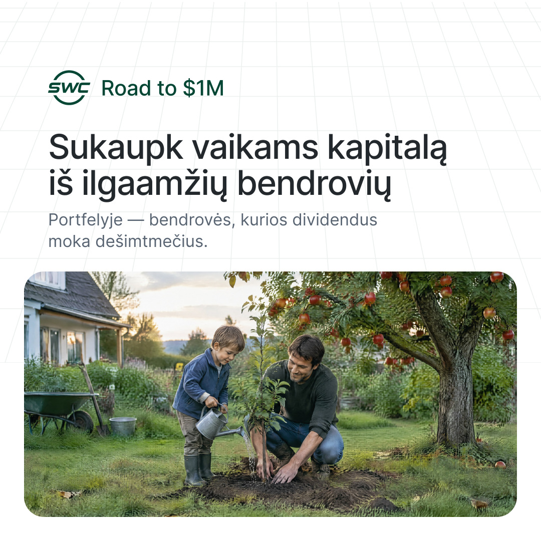 Road to $1M: Sukaupk vaikams kapitalą iš ilgaamžių bendrovių. Portfelyje — bendrovės, kurios dividendus moka dešimtmečius.