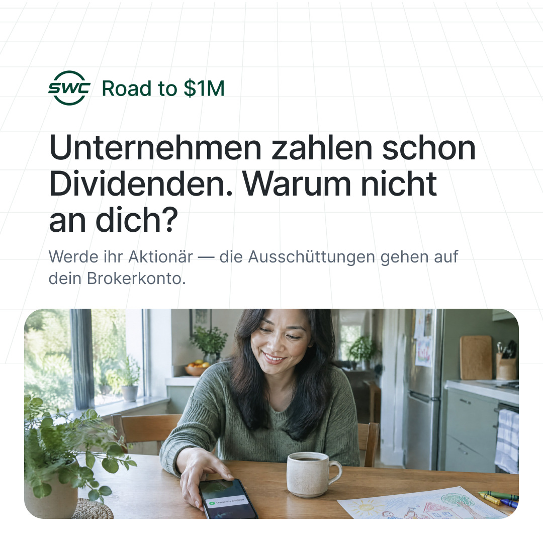 Road to $1M: Unternehmen zahlen schon Dividenden. Warum nicht an dich? Werde ihr Aktionär — die Ausschüttungen gehen auf dein Brokerkonto.