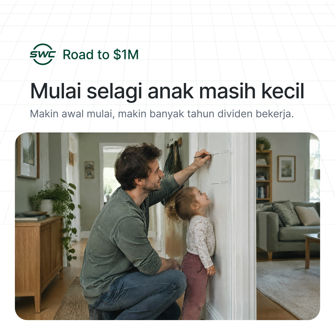 Road to $1M: Mulai selagi anak masih kecil. Makin awal mulai, makin banyak tahun dividen bekerja.