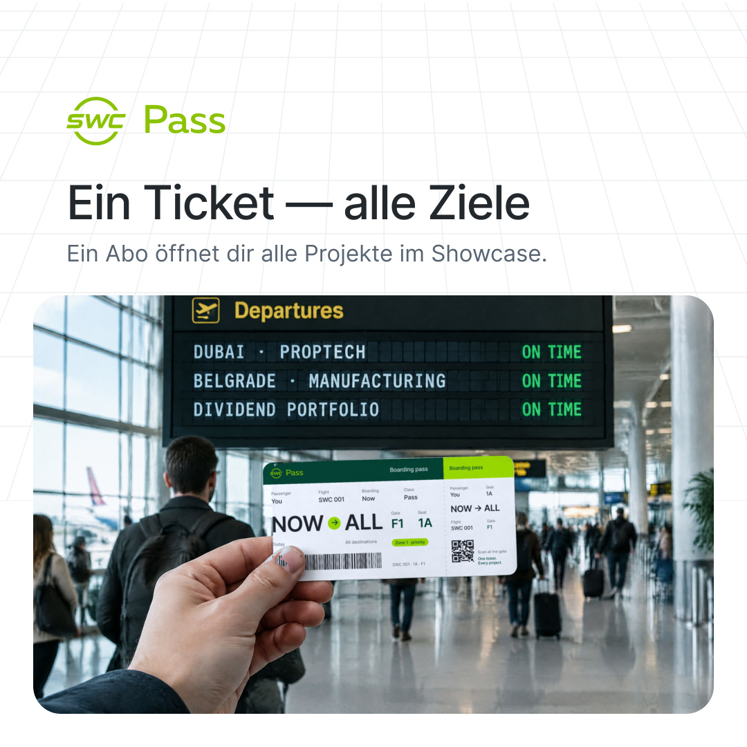 SWC Pass: Ein Ticket — alle Ziele. Ein Abo öffnet dir alle Projekte im Showcase.