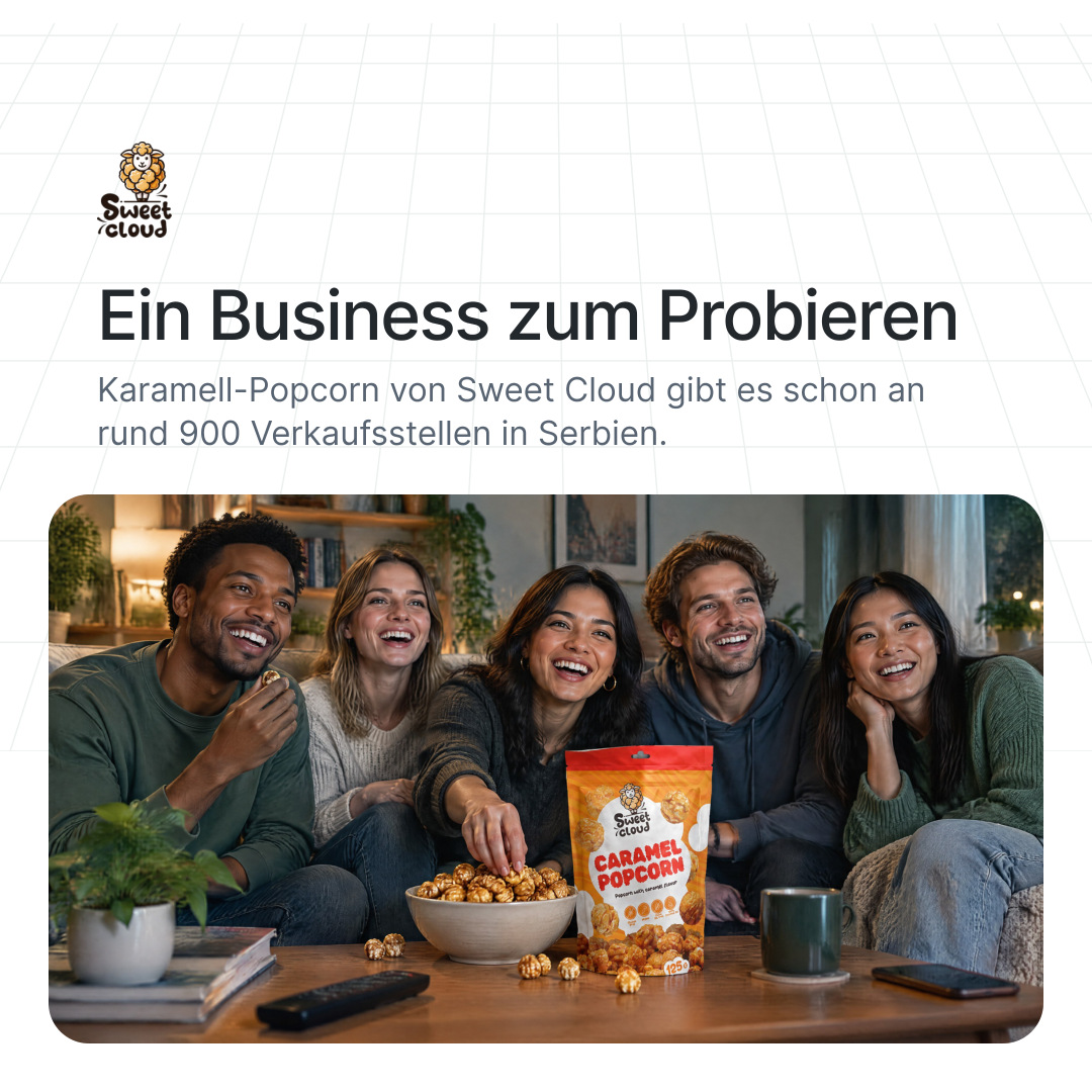 Sweet Cloud: Ein Business zum Probieren. Karamell-Popcorn von Sweet Cloud gibt es schon an rund 900 Verkaufsstellen in Serbien.