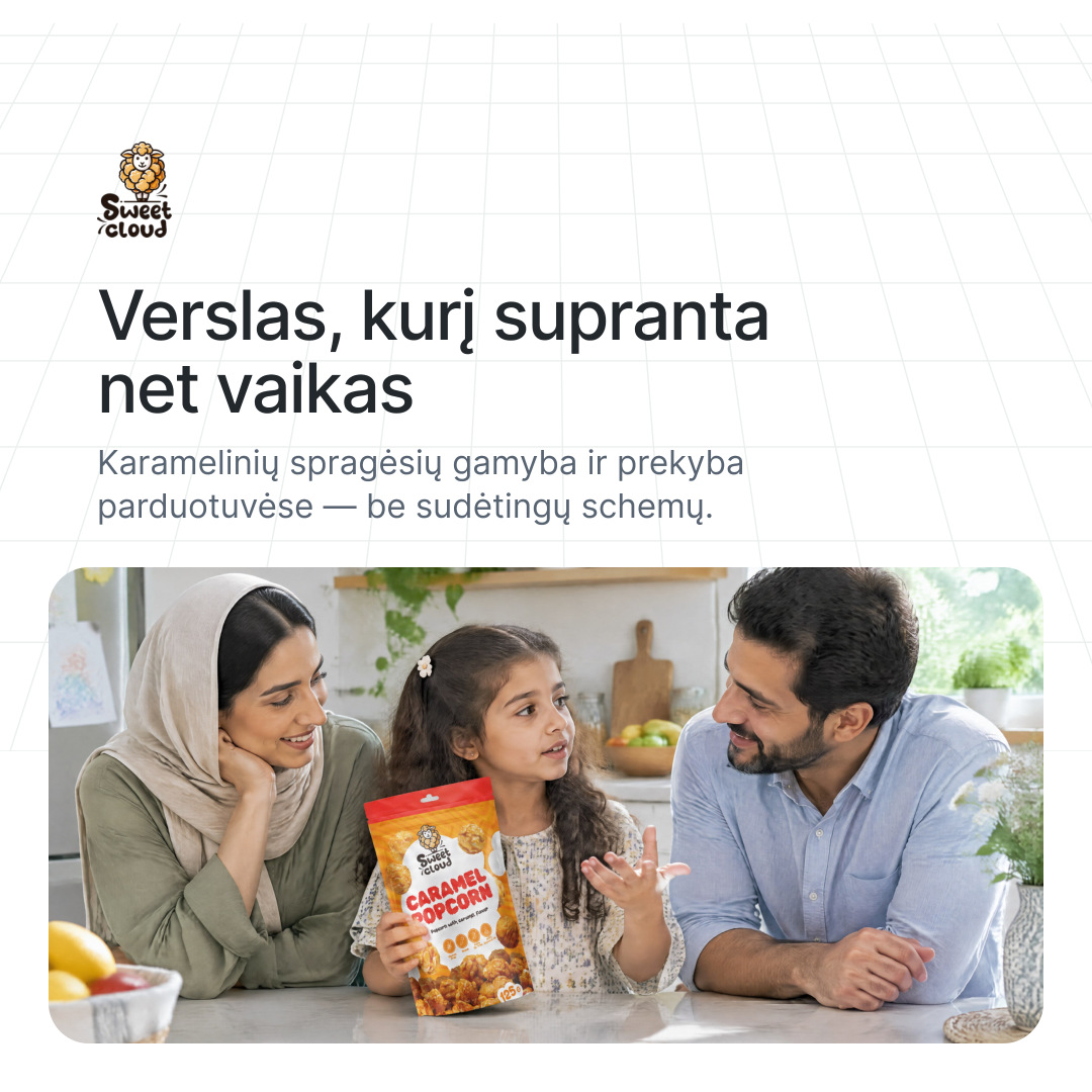 Sweet Cloud: Verslas, kurį supranta net vaikas. Karamelinių spragėsių gamyba ir prekyba parduotuvėse — be sudėtingų schemų.